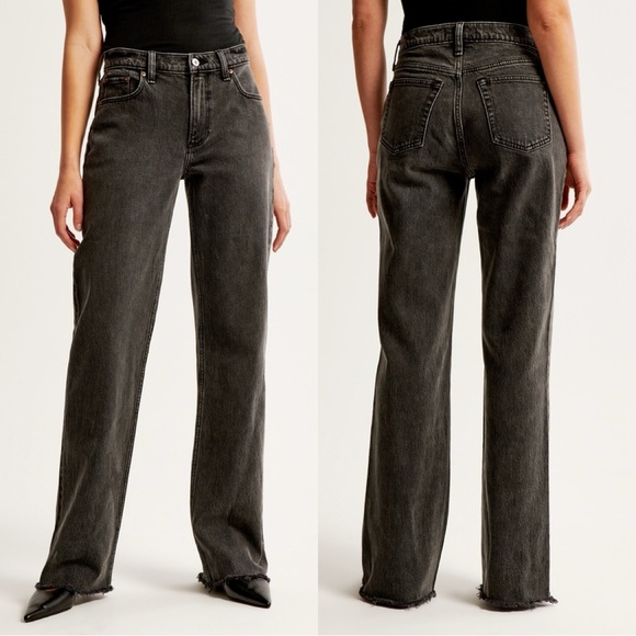 Abercrombie & Fitch Women’s The Baggy Low Rise Jeans Raw Hem in Black 25/0R - Picture 1 of 16